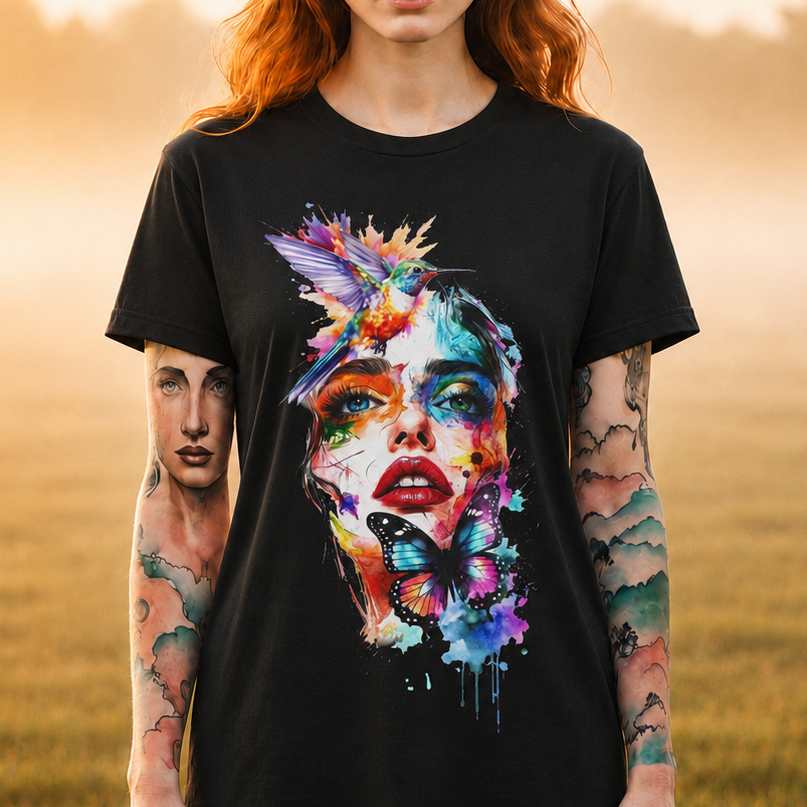 Watercolor Face & Butterfly T-Shirt — Colorful Artistic Portrait Tee