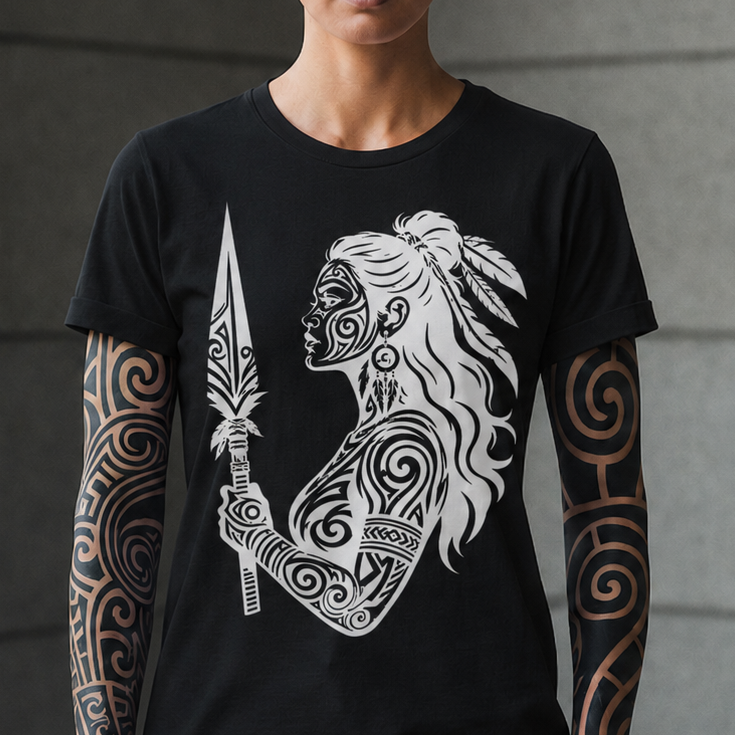 Maori Warrior Tattoo Tee — Tribal Spear Profile Graphic T-Shirt