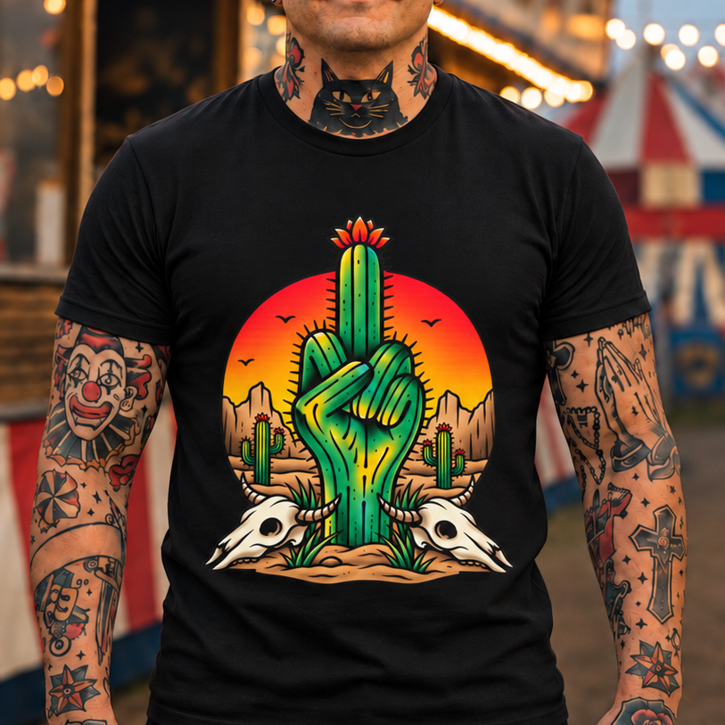 Cactus Middle Finger Tee — Desert Sunset Graphic T-Shirt