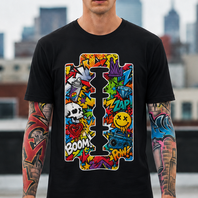 Razor Blade Graffiti T-Shirt — Colorful Pop Art Skull & Comic Icons Tee