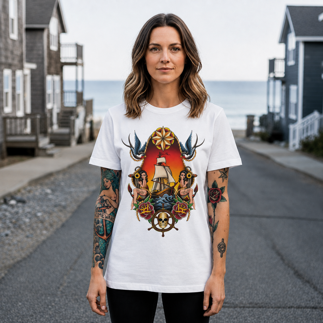 Nautical Ship Tattoo Tee — Vintage Sailboat, Swallows & Skull Graphic T-Shirt
