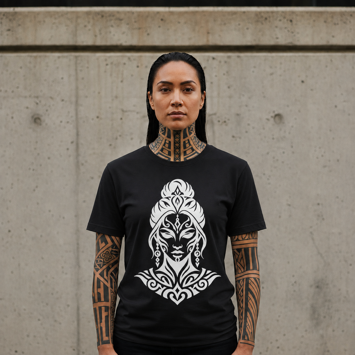 Tribal Goddess Tee — Black Ornamental Female Face Graphic T-Shirt