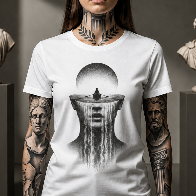 Meditative Waterfall Head Tee — Surreal Mindfulness Graphic T-Shirt