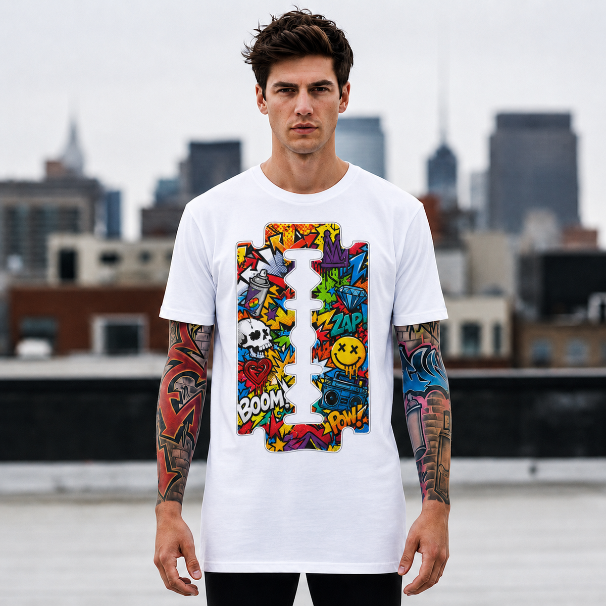 Razor Blade Graffiti T-Shirt — Colorful Pop Art Skull & Comic Icons Tee