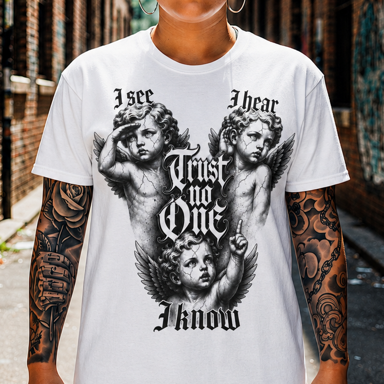 T‑Shirt — Gothic Cherubs 'I See I Hear I Know Trust No One' Vintage Angel Tee