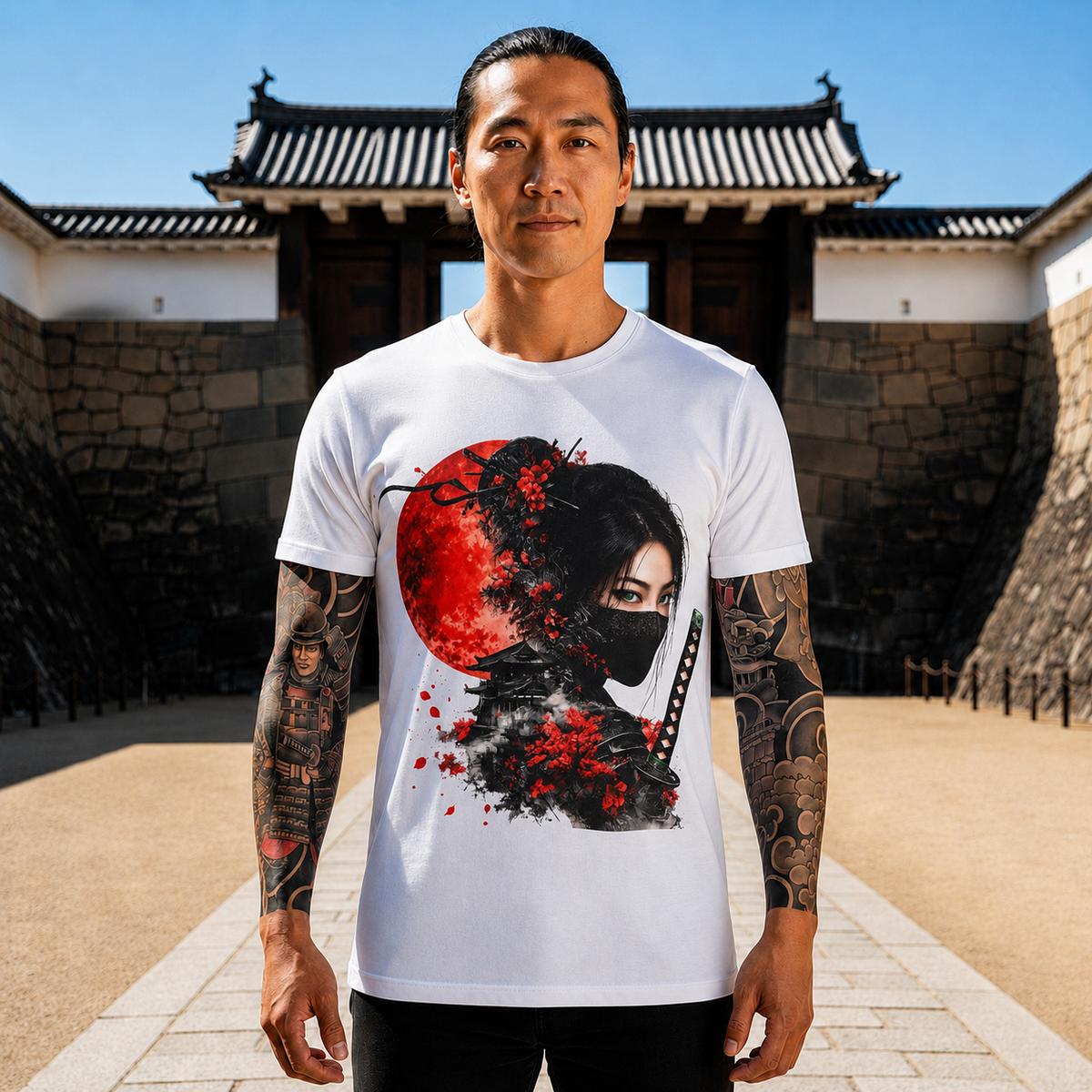 Samurai Moon T-Shirt — Masked Female Warrior with Red Moon and Katana