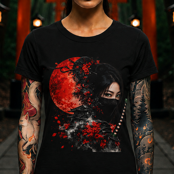 Ninja Warrior Tee — Red Moon Samurai Mask T-Shirt