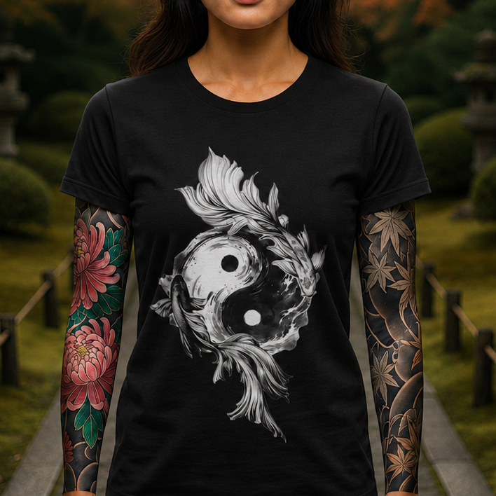Yin Yang Koi Fish T-Shirt — Black Ink Zen Graphic Tee