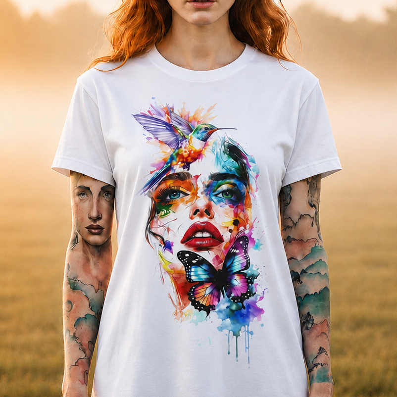 Watercolor Face & Butterfly T-Shirt — Colorful Artistic Portrait Tee