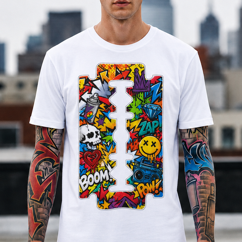 Razor Blade Graffiti T-Shirt — Colorful Pop Art Skull & Comic Icons Tee