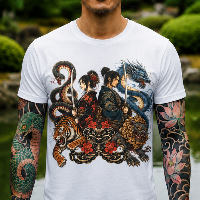 Samurai & Mythical Beast Tee — Dragon, Tiger & Snake Japanese-Inspired Graphic T-Shirt