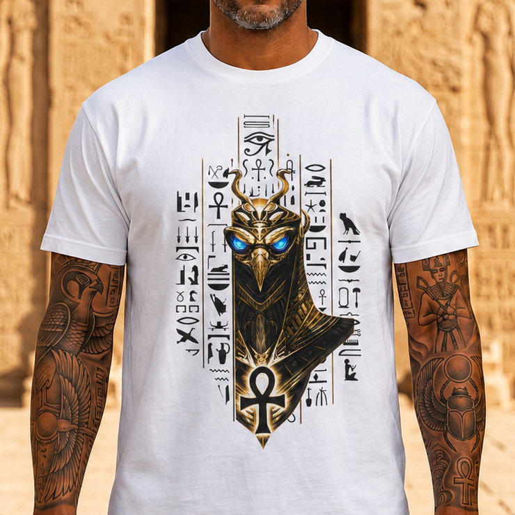 Egyptian Anubis Mask T‑Shirt — Golden Pharaonic Hieroglyph Tee with Ankh