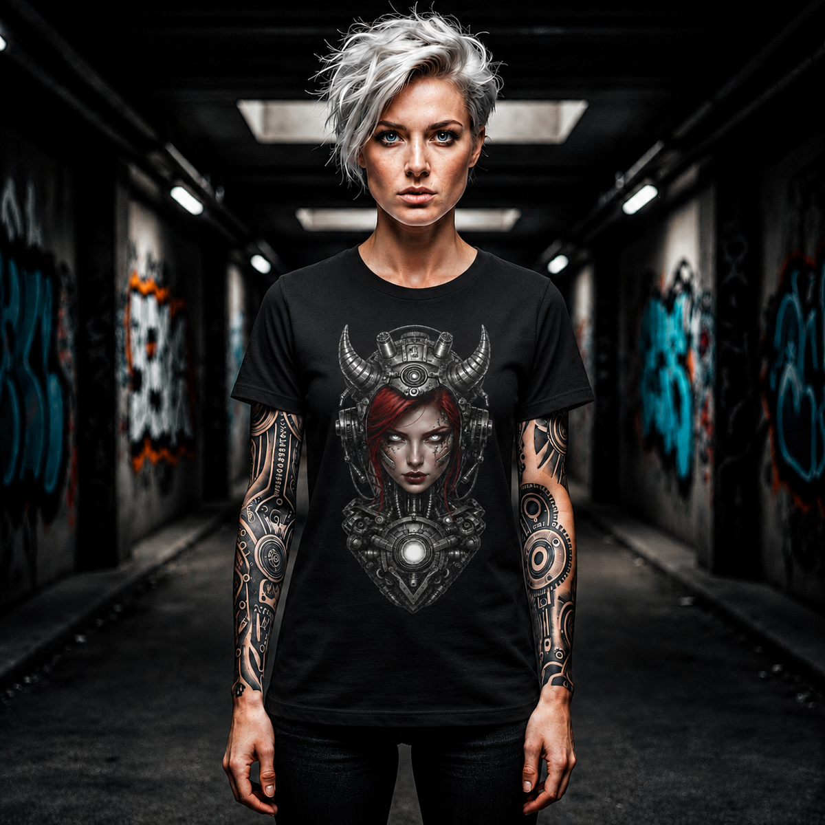 Valkyrie Cyberpunk Tee — Horned Helmet Sci‑Fi Warrior Graphic T‑Shirt