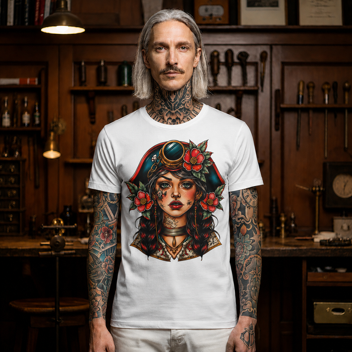 Vintage Pirate Rose Tee — Floral Pirate Woman Graphic T-Shirt