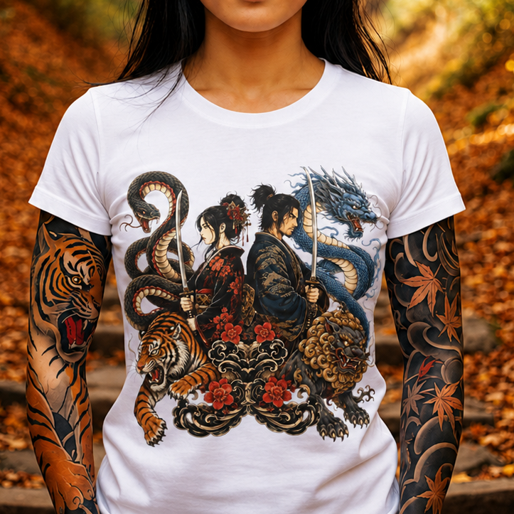 Samurai & Mythical Beasts Tee — Dragon, Tiger & Snake Japanese Tattoo Style Shirt
