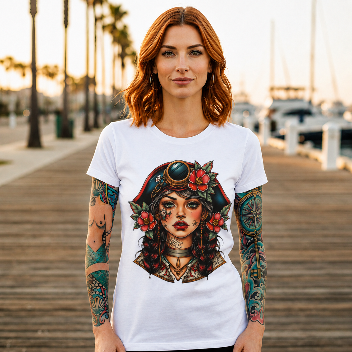 Pirate Rose Portrait Tee – Vintage Sailor Girl Graphic T-Shirt