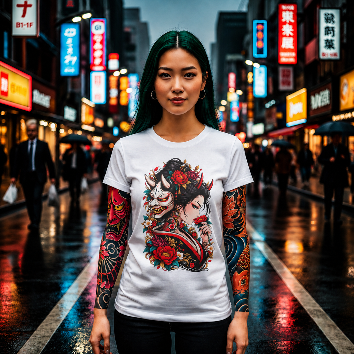 Geisha & Hannya Mask Floral T-Shirt