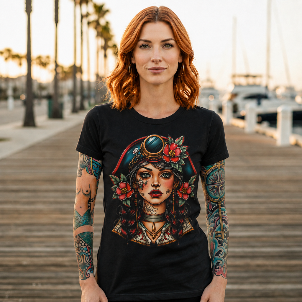 Pirate Rose Portrait Tee – Vintage Sailor Girl Graphic T-Shirt
