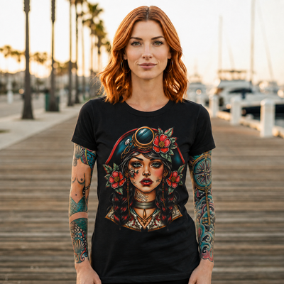 Pirate Rose Portrait Tee – Vintage Sailor Girl Graphic T-Shirt