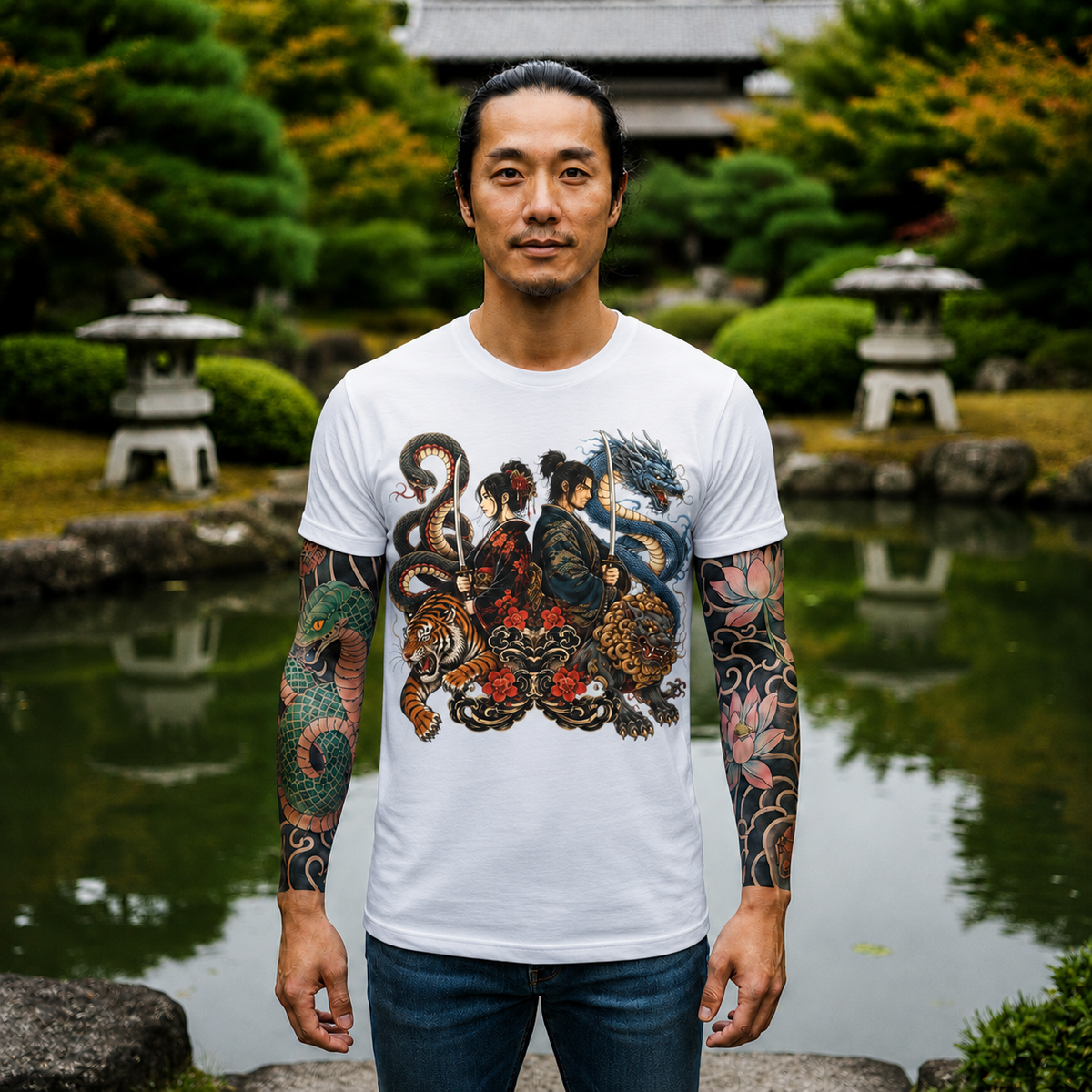 Samurai & Mythical Beast Tee — Dragon, Tiger & Snake Japanese-Inspired Graphic T-Shirt