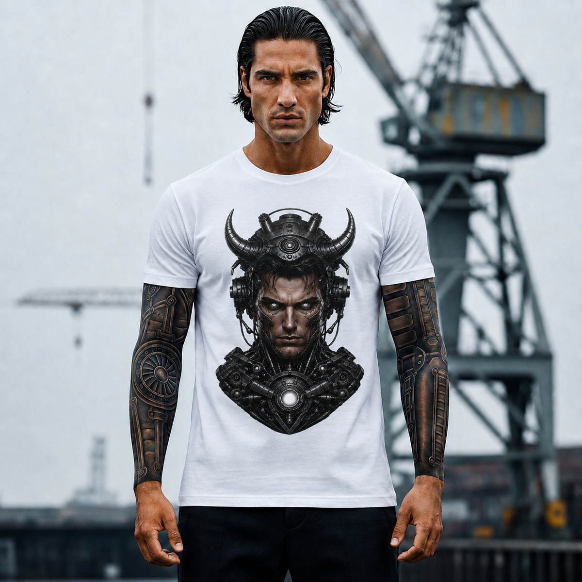 Cyber Samurai T‑Shirt — Futuristic Samurai Helmet Portrait Tee