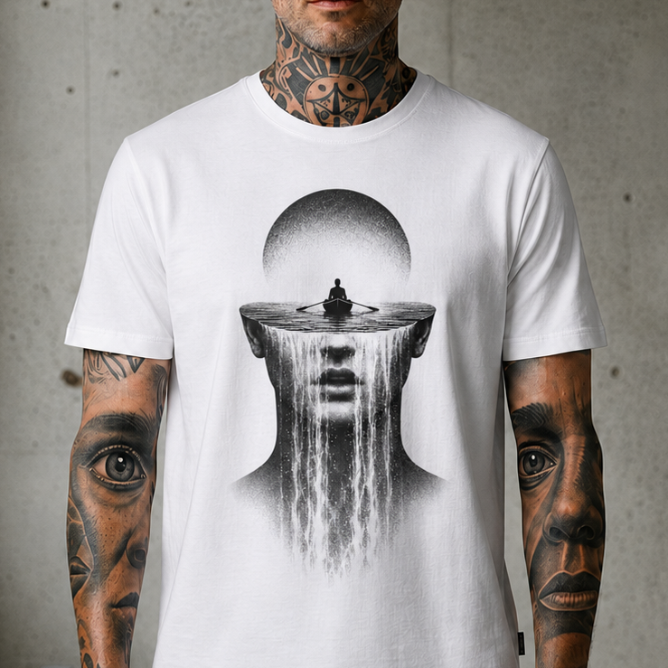 Surreal Riverhead Tee — Mindscape Boat & Waterfall Art T-Shirt