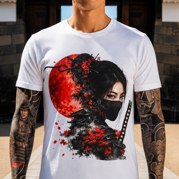 Samurai Moon T-Shirt — Masked Female Warrior with Red Moon and Katana