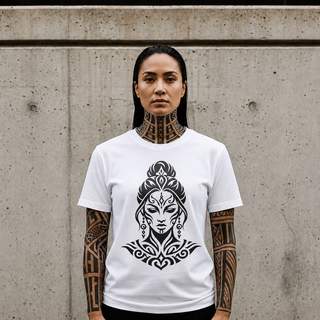 Tribal Goddess Tee — Black Ornamental Female Face Graphic T-Shirt
