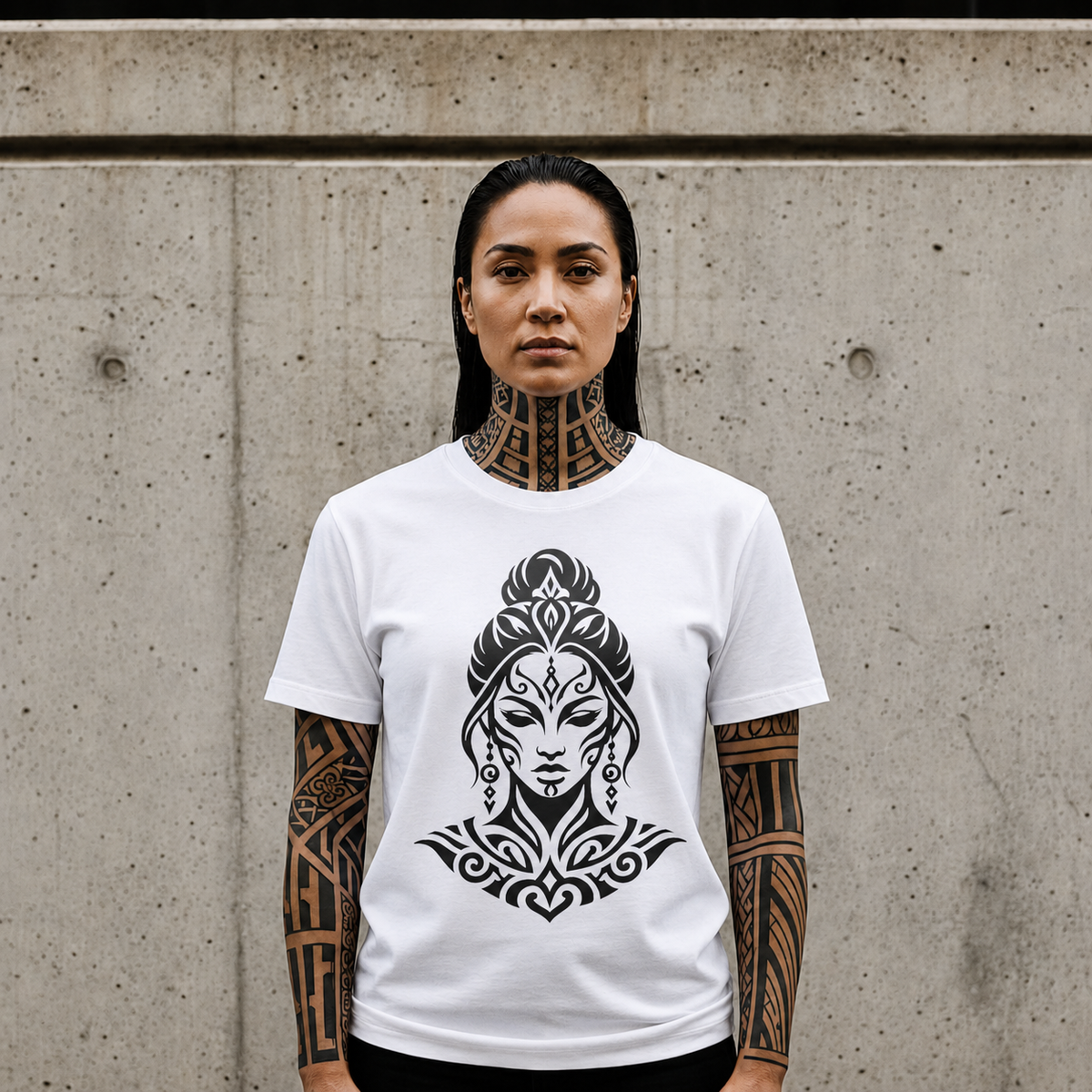 Tribal Goddess Tee — Black Ornamental Female Face Graphic T-Shirt