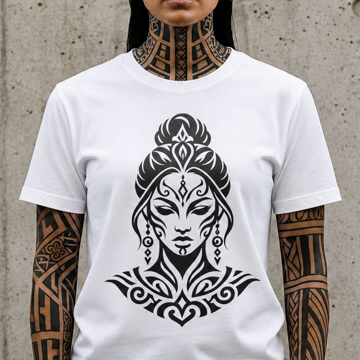 Tribal Goddess Tee — Black Ornamental Female Face Graphic T-Shirt