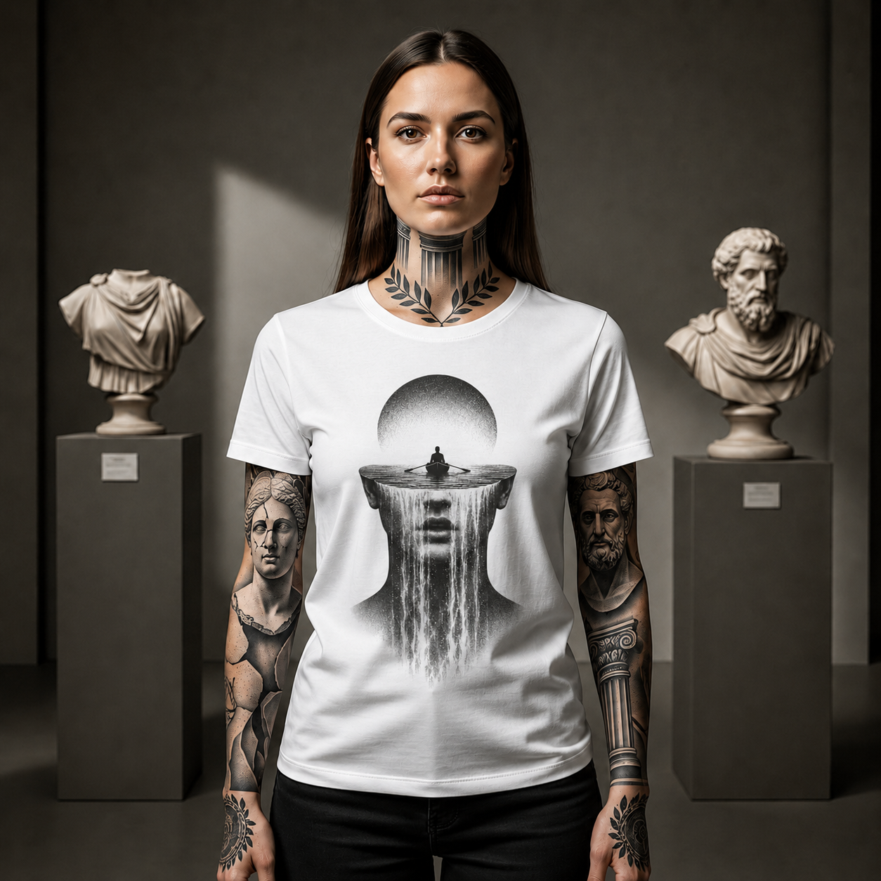 Meditative Waterfall Head Tee — Surreal Mindfulness Graphic T-Shirt
