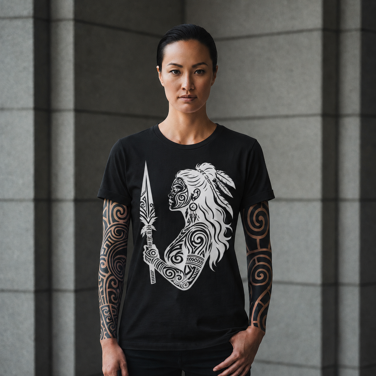 Maori Warrior Tattoo Tee — Tribal Spear Profile Graphic T-Shirt