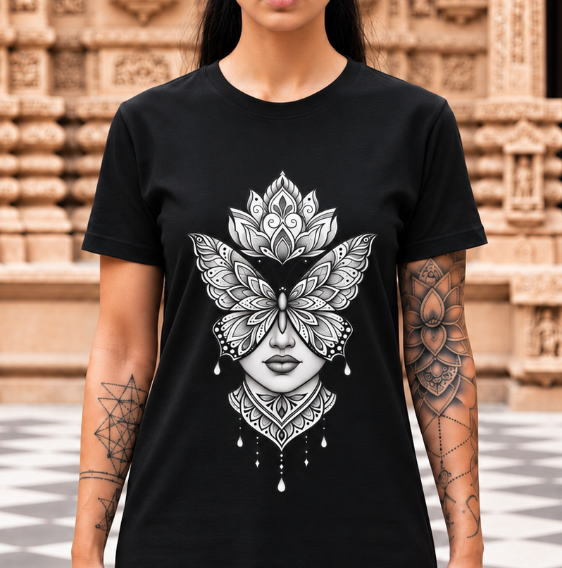 Butterfly Mandala Face Tee — Boho Spiritual Graphic T-Shirt