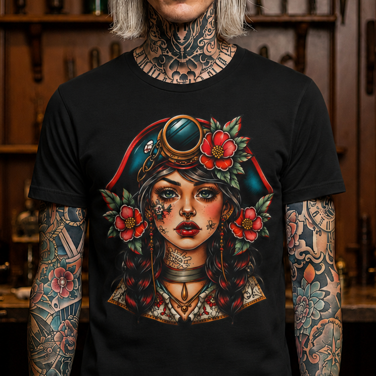 Vintage Pirate Rose Tee — Floral Pirate Woman Graphic T-Shirt
