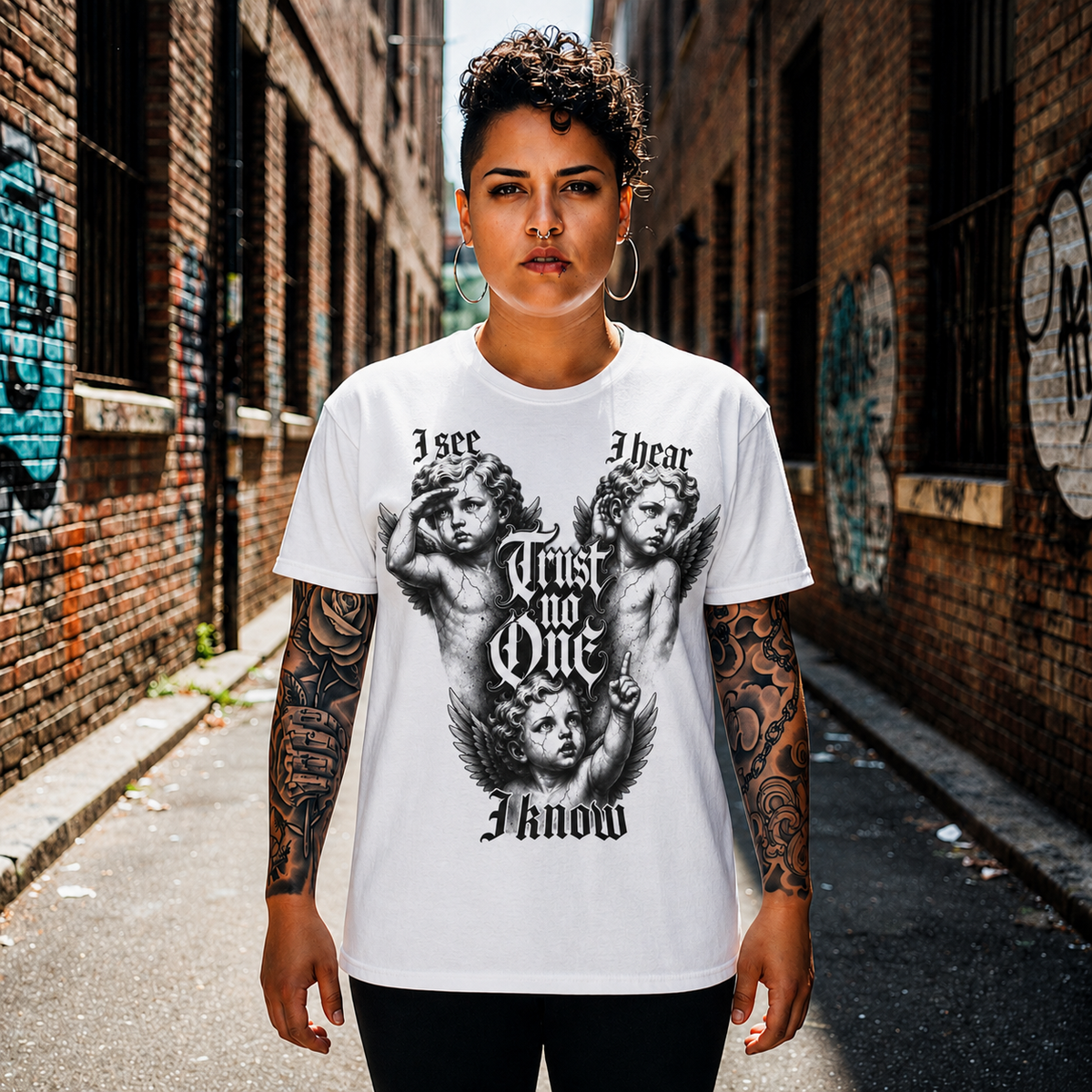 T‑Shirt — Gothic Cherubs 'I See I Hear I Know Trust No One' Vintage Angel Tee