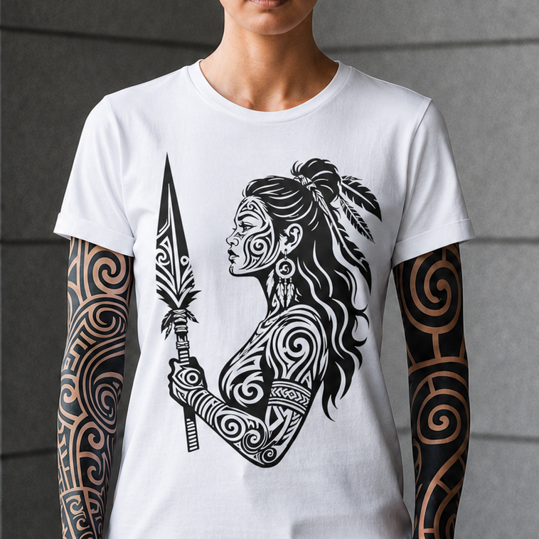 Maori Warrior Tattoo Tee — Tribal Spear Profile Graphic T-Shirt