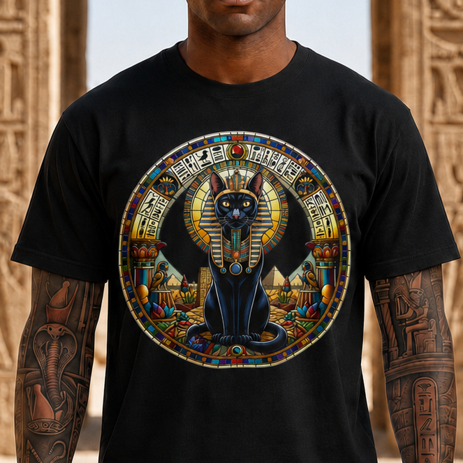 Egyptian Cat Pharaoh T-Shirt — Vintage Hieroglyphic Pyramids Graphic Tee