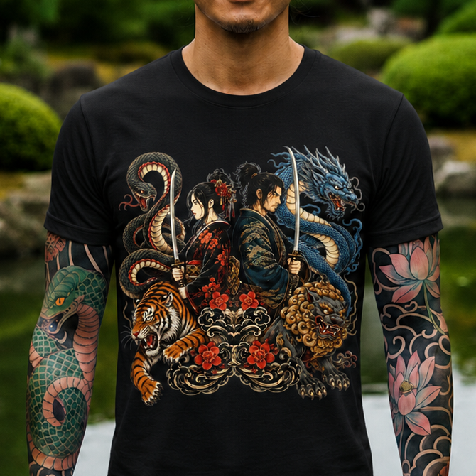 Samurai & Mythical Beast Tee — Dragon, Tiger & Snake Japanese-Inspired Graphic T-Shirt