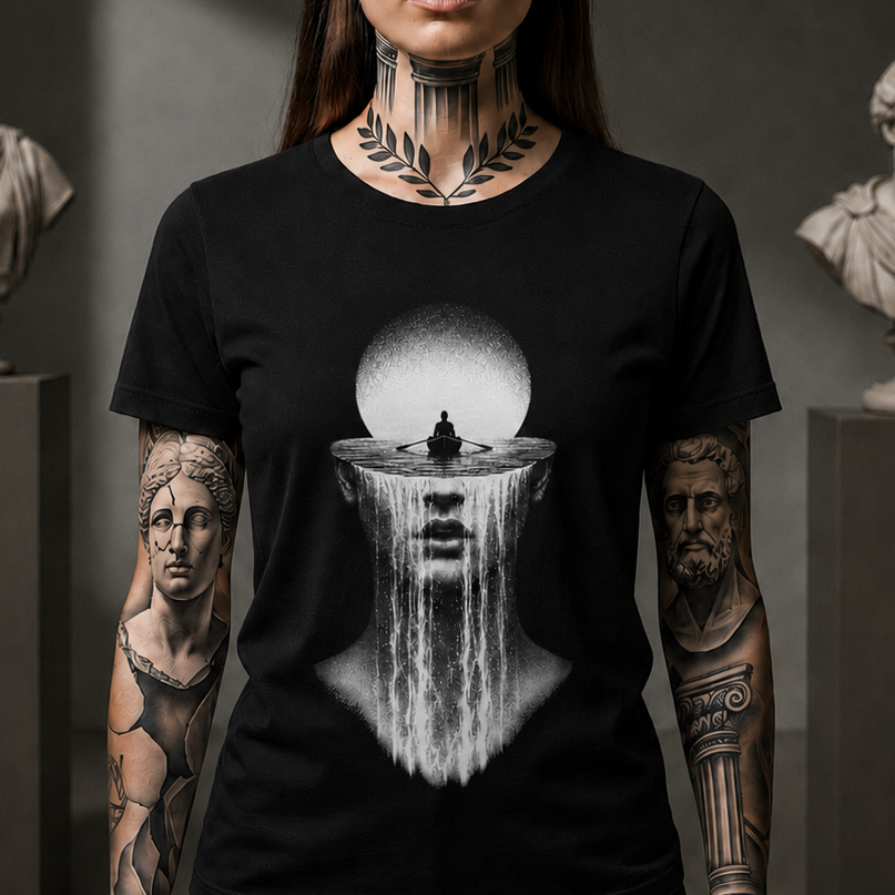 Meditative Waterfall Head Tee — Surreal Mindfulness Graphic T-Shirt