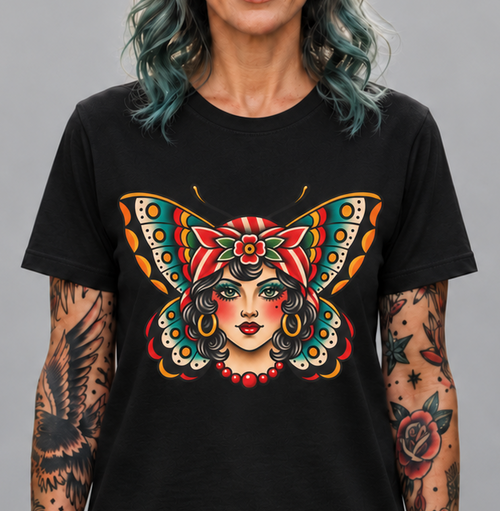 Butterfly Lady Tee — Vintage Tattoo Style Women's Face Graphic T-Shirt
