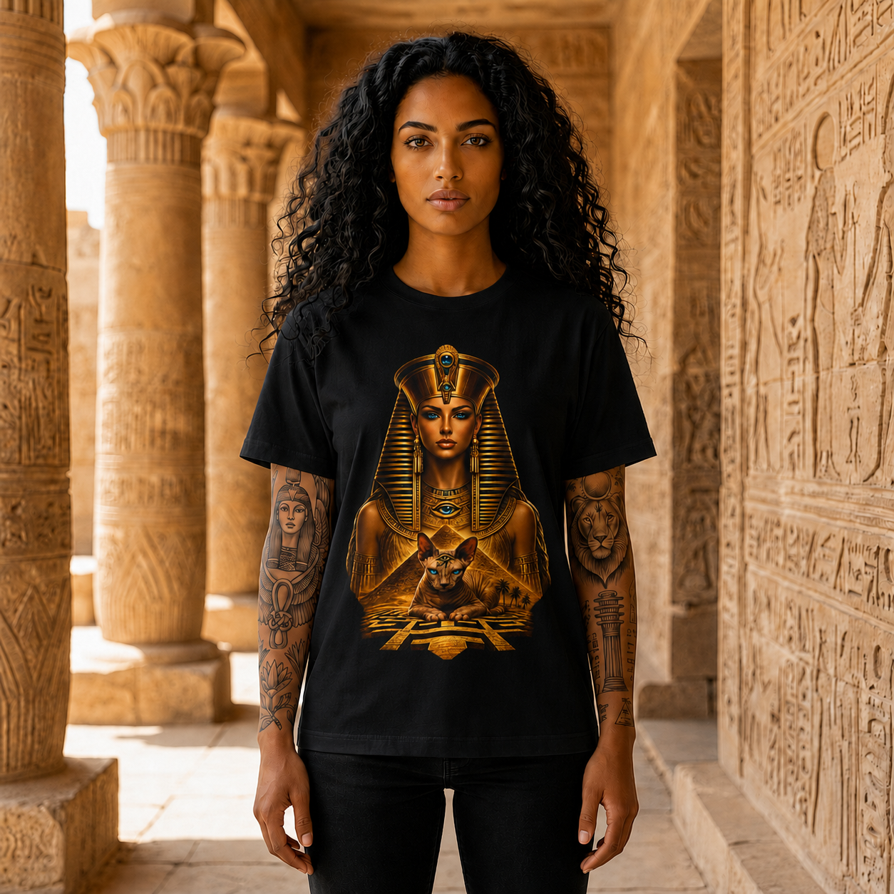 Pharaoh Goddess Graphic Tee — Egyptian Queen & Cat Vintage Illustration