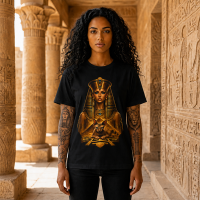 Pharaoh Goddess Graphic Tee — Egyptian Queen & Cat Vintage Illustration