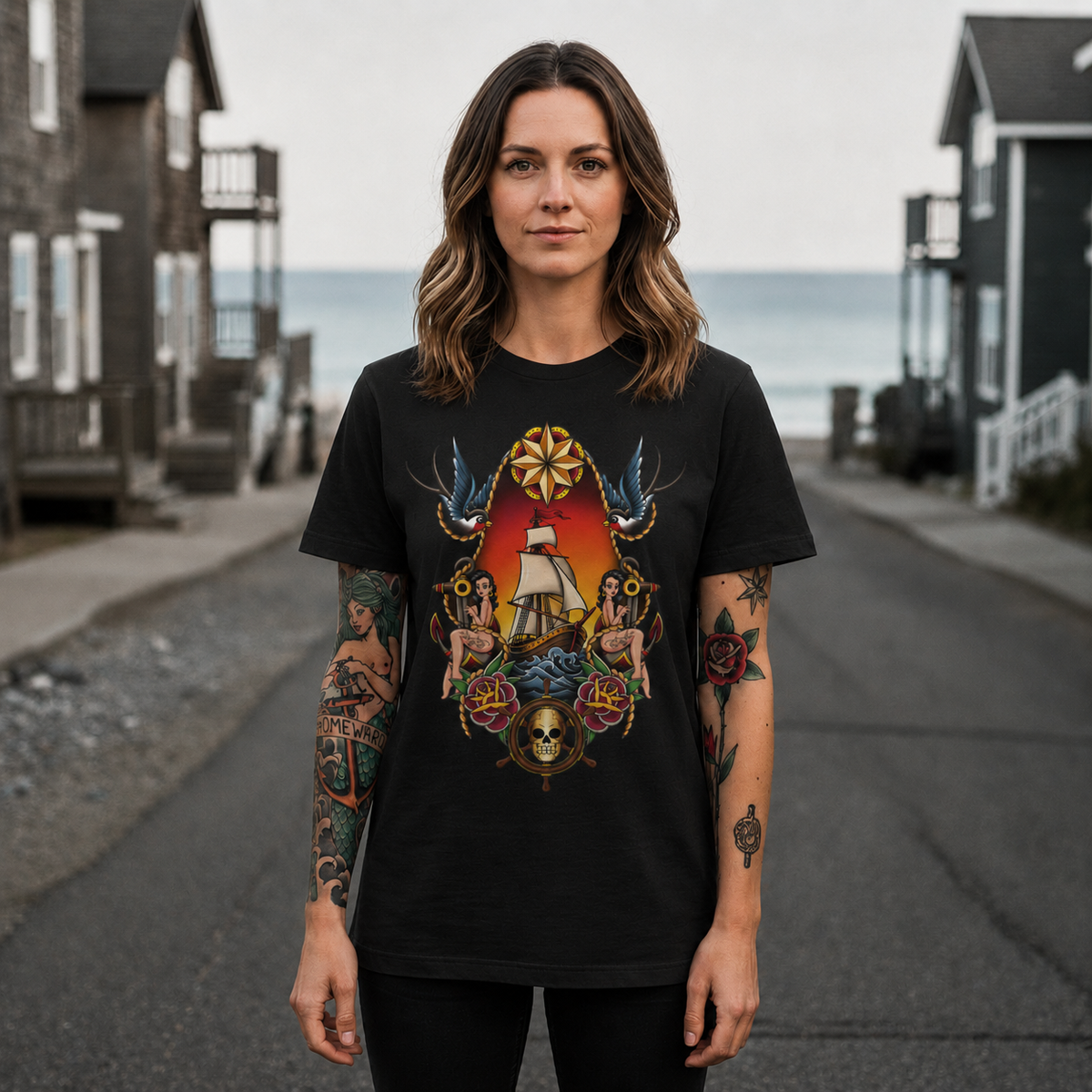 Nautical Ship Tattoo Tee — Vintage Sailboat, Swallows & Skull Graphic T-Shirt