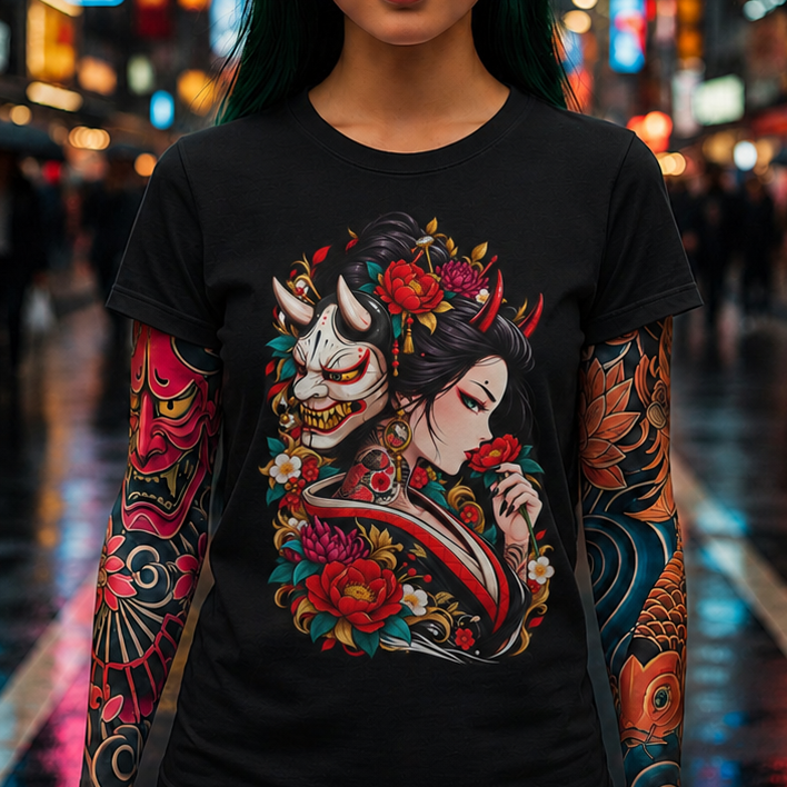 Geisha & Hannya Mask Floral T-Shirt