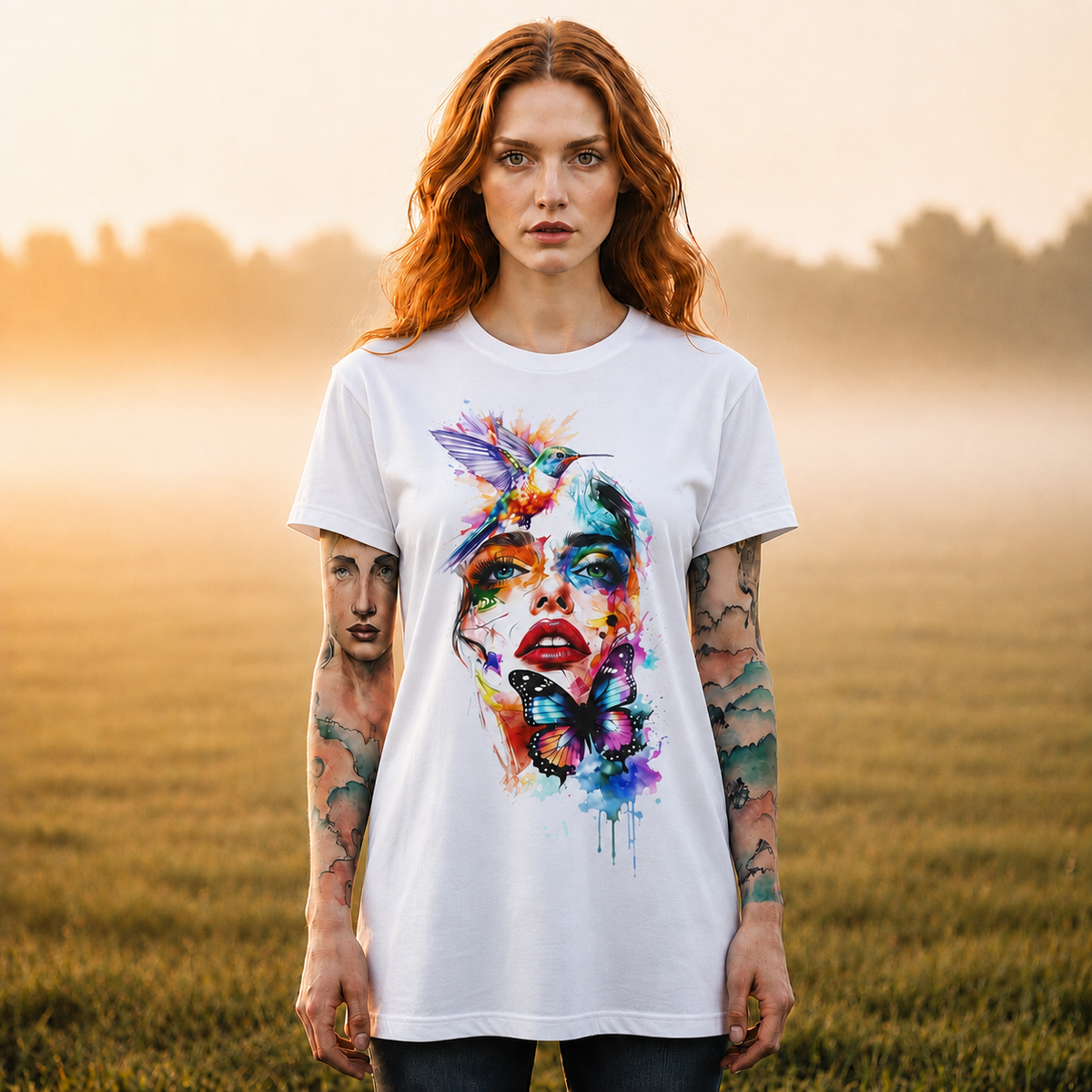 Watercolor Face & Butterfly T-Shirt — Colorful Artistic Portrait Tee