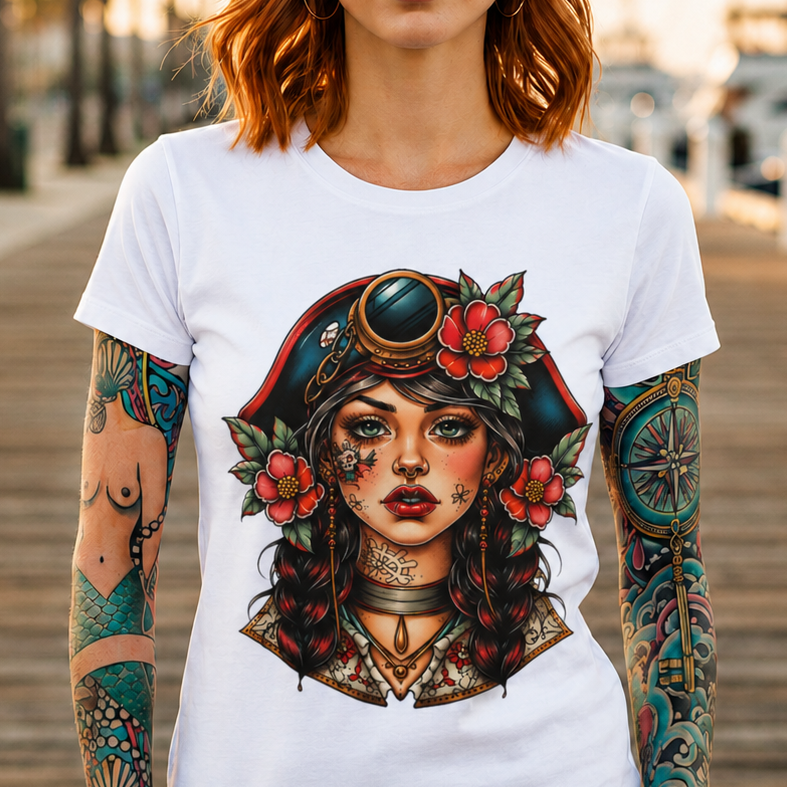 Pirate Rose Portrait Tee – Vintage Sailor Girl Graphic T-Shirt