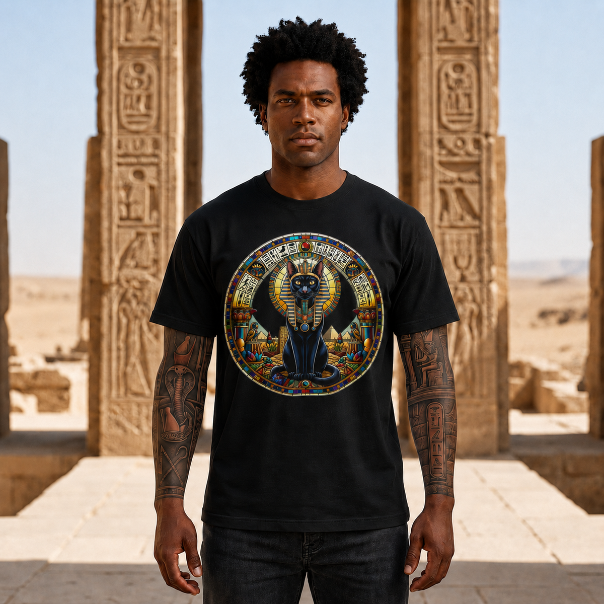 Egyptian Cat Pharaoh T-Shirt — Vintage Hieroglyphic Pyramids Graphic Tee