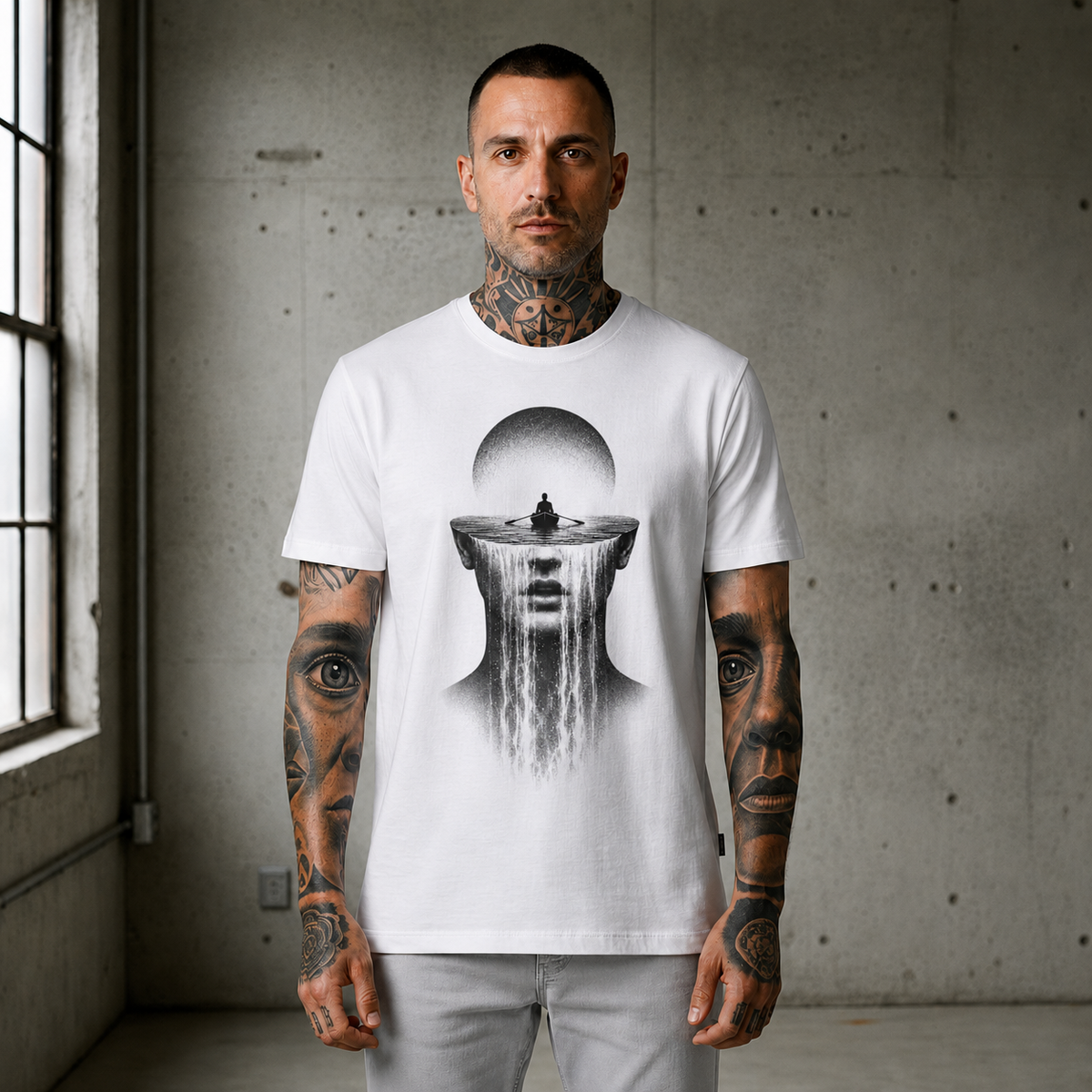 Surreal Riverhead Tee — Mindscape Boat & Waterfall Art T-Shirt