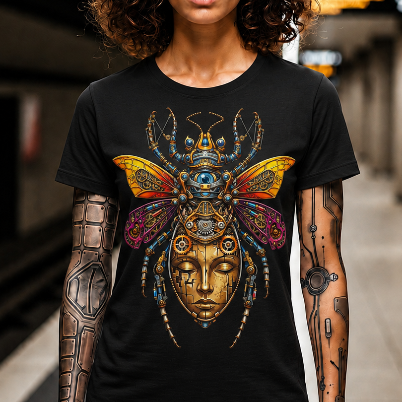 Mystic Bug Goddess T‑Shirt — Ornate Insect Mask Graphic Tee