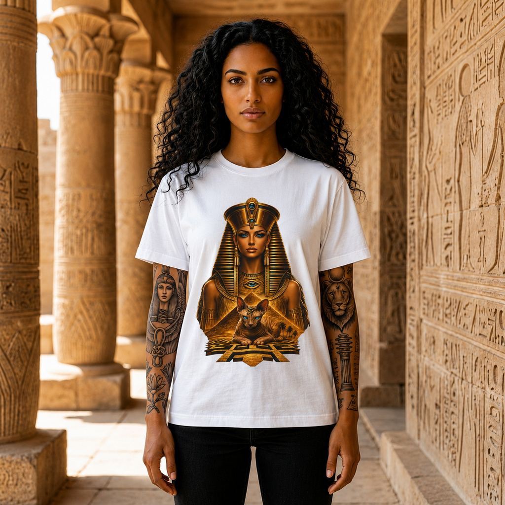 Pharaoh Goddess Graphic Tee — Egyptian Queen & Cat Vintage Illustration
